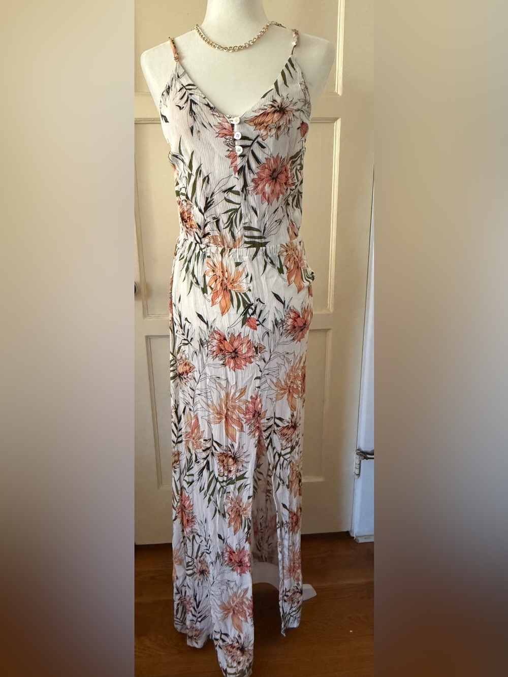 Rip Curl Cream Maxi Dress with Peach Floral Print